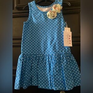 Pippa & Julie Blue Polka Dot Sleeveless Dress with Floral Accent